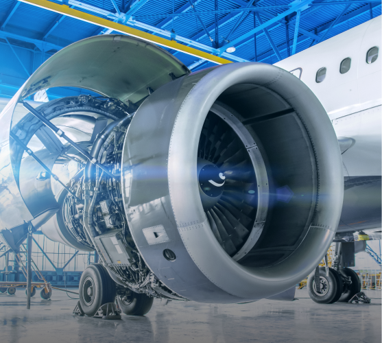 Airplane engine in maintenance hangar