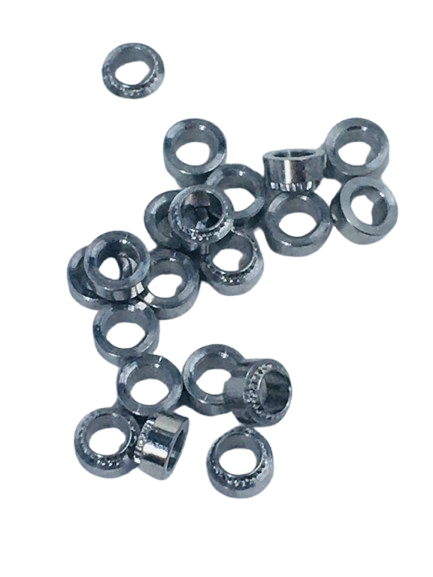 A pile of metal threaded eye nuts.